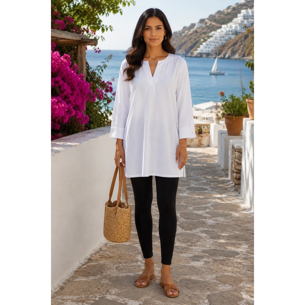 Lands' End White Tunic Top L Long Sleeve Split Neck Modest Casual Resort Coastal